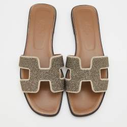 Hermes Beige Suede And Glitter Oran Flat Sandals Size 39