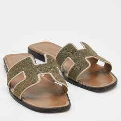 Hermes Beige Suede And Glitter Oran Flat Sandals Size 39