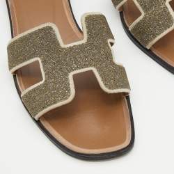 Hermes Beige Suede And Glitter Oran Flat Sandals Size 39
