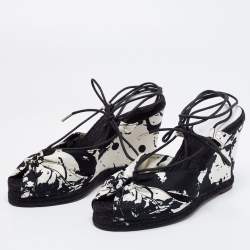 Hermes Black/White Canvas Wedge Sandals Size 36