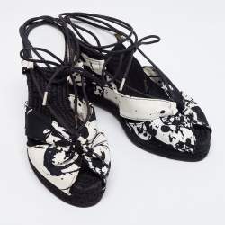 Hermes Black/White Canvas Wedge Sandals Size 36