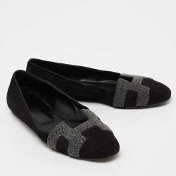 Pre Owned Hermes Black/Grey Suede and Crystal Powder Nice Ballet Flats Size 39
