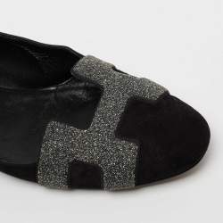 Pre Owned Hermes Black/Grey Suede and Crystal Powder Nice Ballet Flats Size 39