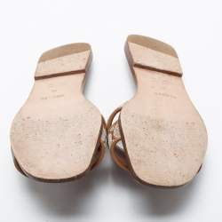 Pre Owned Hermes Tan Embroidered Leather Oran Flat Slides Size 39