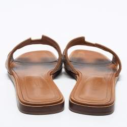 Pre Owned Hermes Tan Embroidered Leather Oran Flat Slides Size 39