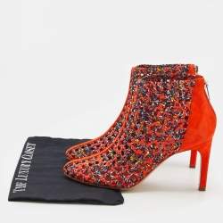Hermes Orange Suede And Woven Silk Ankle Length Boots Size 39