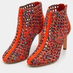 Hermes Orange Suede And Woven Silk Ankle Length Boots Size 39