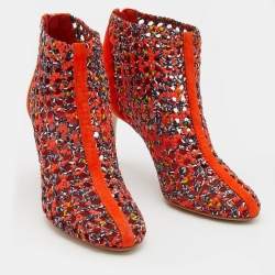 Hermes Orange Suede And Woven Silk Ankle Length Boots Size 39