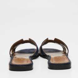 Pre Owned Hermes Navy Blue Lizard Embossed Leather Oran Sandals Size 36