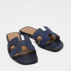 Pre Owned Hermes Navy Blue Lizard Embossed Leather Oran Sandals Size 36