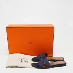 Pre Owned Hermes Navy Blue Lizard Embossed Leather Oran Sandals Size 36
