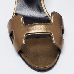 Pre Owned Hermes Metallic Green Leather Premiere Ankle-Strap Sandals Size 36.5