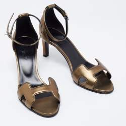 Pre Owned Hermes Metallic Green Leather Premiere Ankle-Strap Sandals Size 36.5