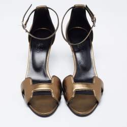 Pre Owned Hermes Metallic Green Leather Premiere Ankle-Strap Sandals Size 36.5