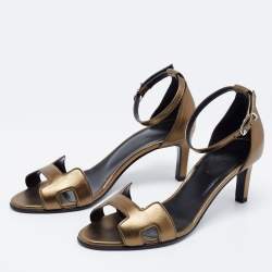 Pre Owned Hermes Metallic Green Leather Premiere Ankle-Strap Sandals Size 36.5