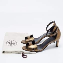 Pre Owned Hermes Metallic Green Leather Premiere Ankle-Strap Sandals Size 36.5