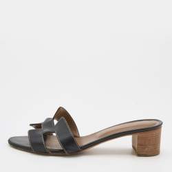 Hermes Black Leather Oasis Slide Sandals Size 39