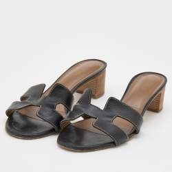 Hermes Black Leather Oasis Slide Sandals Size 39