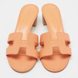 Pre Owned Hermes Orange Leather Oasis Sandals Size 38