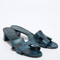 Hermes Blue Leather Oasis Sandals Size 39