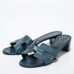 Hermes Blue Leather Oasis Sandals Size 39
