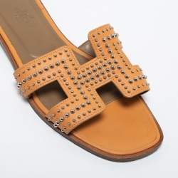 Hermes Orange Leather Oran Studded Flat Slides Size 36.5