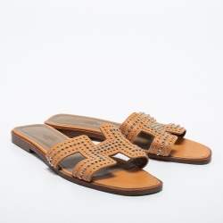 Hermes Orange Leather Oran Studded Flat Slides Size 36.5