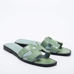 Hermes Green Patent Leather Oran Flat Slides Size 36