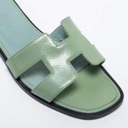 Hermes Green Patent Leather Oran Flat Slides Size 36