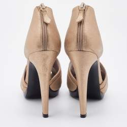 Pre Owned Hermes Metallic Beige Leather Peep Toe Booties Size 38.5
