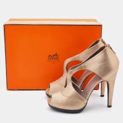 Pre Owned Hermes Metallic Beige Leather Peep Toe Booties Size 38.5