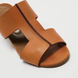 Pre Owned Hermes Brown Leather Ostia Slide Sandals Size 39