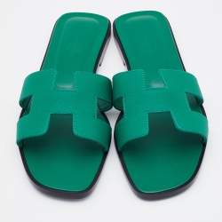 Pre Owned Hermes Vert Emeraude Epsom Leather Oran Flat Sandals 39