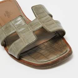 Hermes Green Alligator Leather Oran Flat Slides Size 38.5
