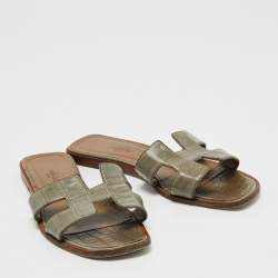 Hermes Green Alligator Leather Oran Flat Slides Size 38.5