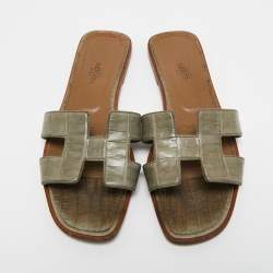 Hermes Green Alligator Leather Oran Flat Slides Size 38.5