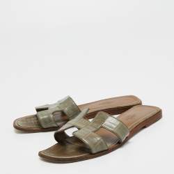 Hermes Green Alligator Leather Oran Flat Slides Size 38.5