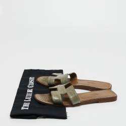Hermes Green Alligator Leather Oran Flat Slides Size 38.5