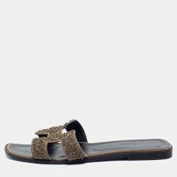 Hermes Beige Leather Crystal Embellished Oran Flat Slides Size 38.5