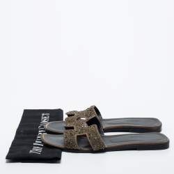 Hermes Beige Leather Crystal Embellished Oran Flat Slides Size 38.5