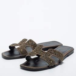 Hermes Beige Leather Crystal Embellished Oran Flat Slides Size 38.5
