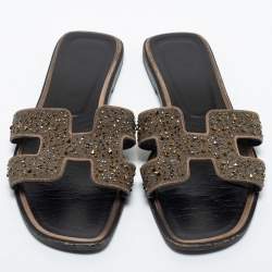Hermes Beige Leather Crystal Embellished Oran Flat Slides Size 38.5