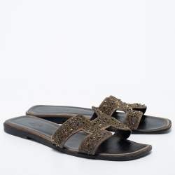 Hermes Beige Leather Crystal Embellished Oran Flat Slides Size 38.5