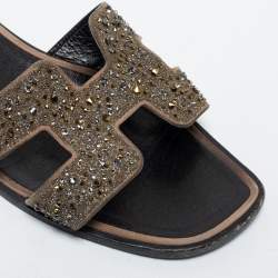 Hermes Beige Leather Crystal Embellished Oran Flat Slides Size 38.5