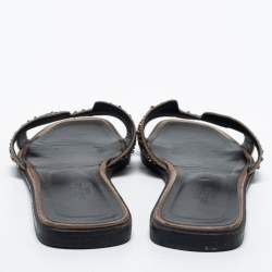 Hermes Beige Leather Crystal Embellished Oran Flat Slides Size 38.5