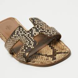 مملوكة مسبقًا Hermes Brown/Beige Python Leather Oran Flat Slides Size 41