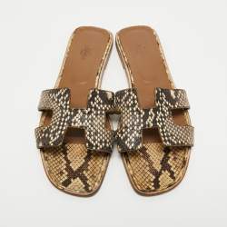 مملوكة مسبقًا Hermes Brown/Beige Python Leather Oran Flat Slides Size 41