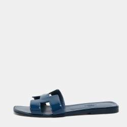 Hermes Midnight Blue Patent Leather Oran Flat Slides Size 39
