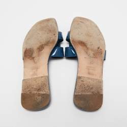 Hermes Midnight Blue Patent Leather Oran Flat Slides Size 39
