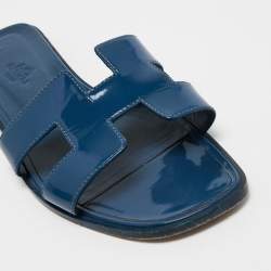 Hermes Midnight Blue Patent Leather Oran Flat Slides Size 39